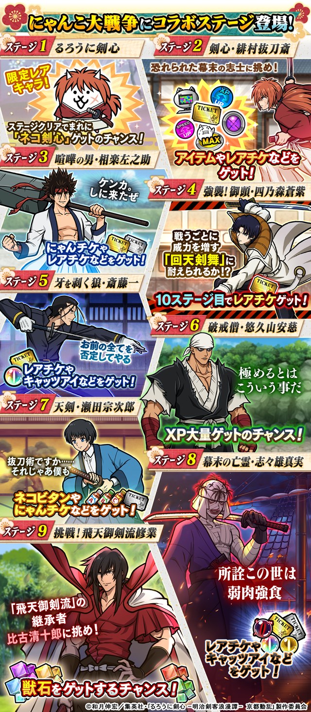 にゃんこ大戦争 るろうに剣心コラボステージ9種の公式バナー(復刻5ステージ+新4ステージの報酬種別)